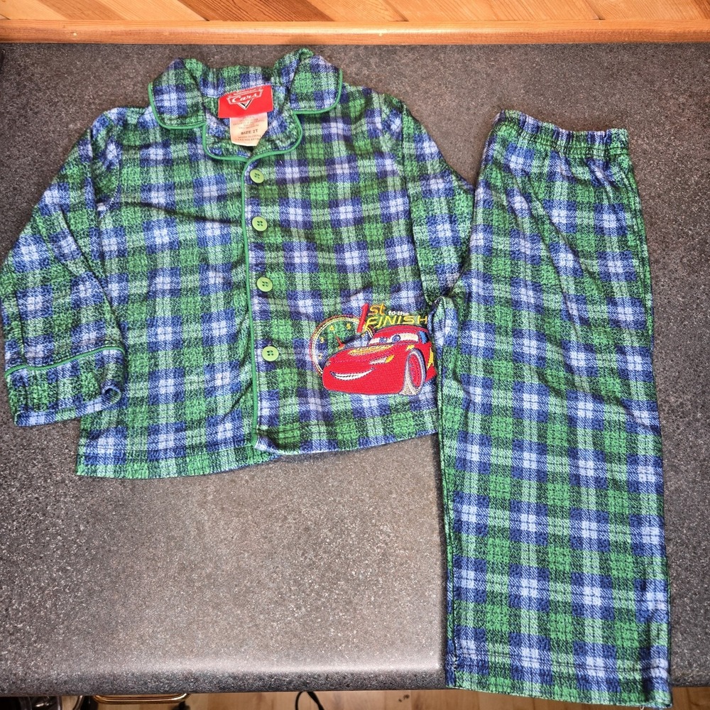 Y2K '05 Disney Cars Green Plaid Fleece Pajama Set Size 3T Embroidered